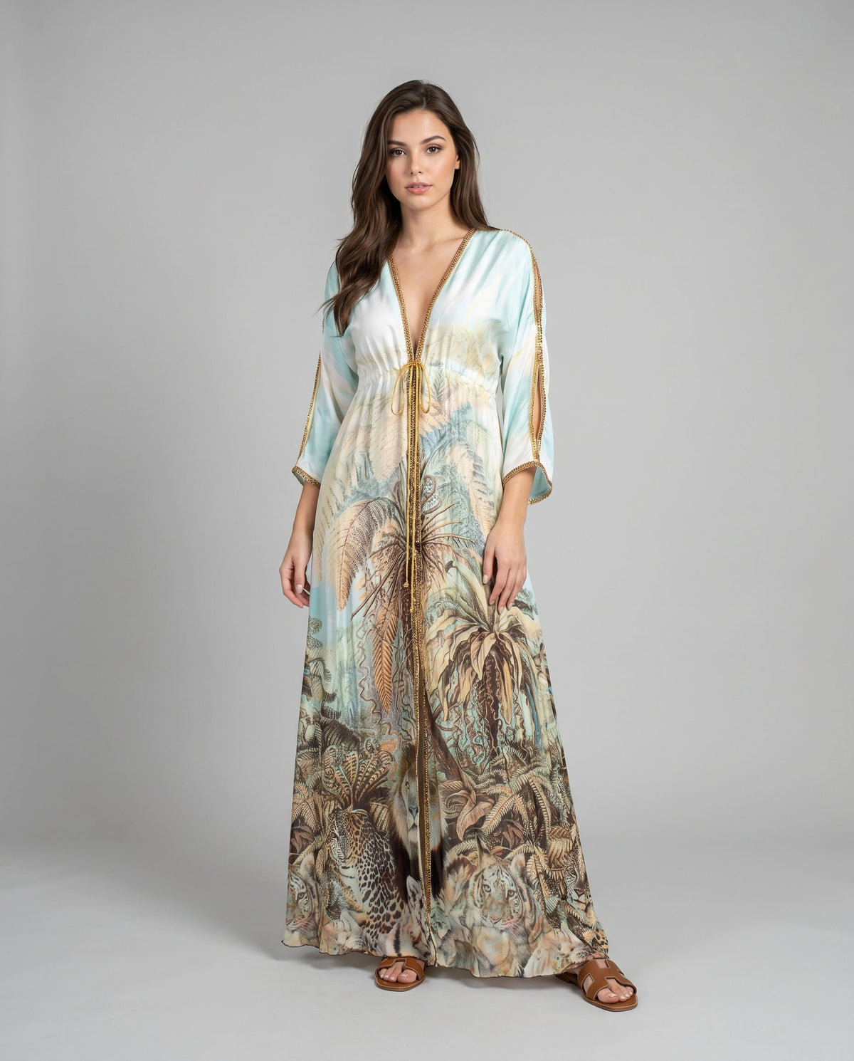 Jungle Print Silk Dress with Gold Crystals